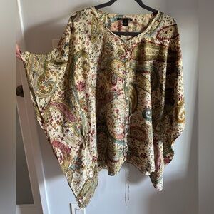 Lucky Brand Silk Boho Festival Paisley Floral Print Long Flowy Tunic Kaftan Top